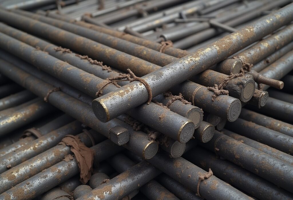 Stacks of scrap metal prepared for export, each marked with visible quality assurance labels in a shipping yard